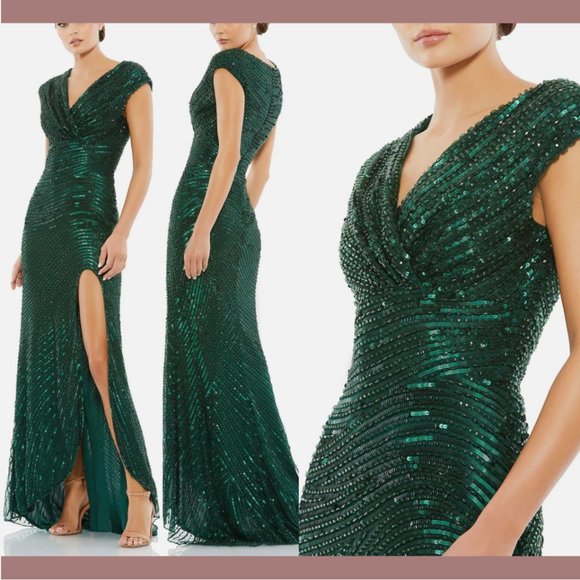 NWT $698 Mac Duggal [ 4 ] Cap Sleeve Sequined Evening Gown Forest Green #Q617‎